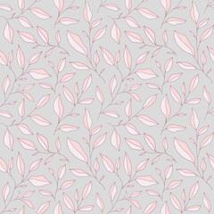 Seamless monochrome pattern with doodle leaves. Vector floral background with stylized tree branches.