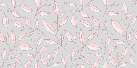 Fototapeta na wymiar Seamless monochrome pattern with doodle leaves. Vector floral background with stylized tree branches.
