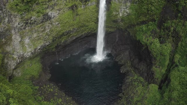 Aerial view of Cascada de L'arc en Ciel, a beautiful waterfall on Canton de Saint Benoit, Reunion.