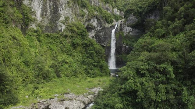 Aerial view of Cascada de L'arc en Ciel, a beautiful waterfall on Canton de Saint Benoit, Reunion.