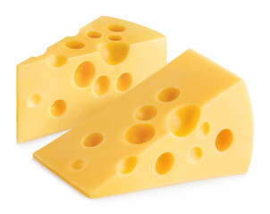 Two delicious cheese pieces, isolated on white background