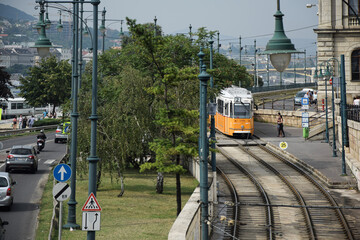 yellow tram rails in the city, Budapest