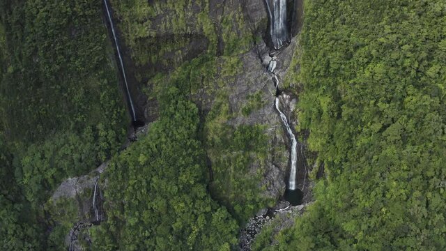 Aerial view of Cascada de L'arc en Ciel, a beautiful waterfall on Canton de Saint Benoit, Reunion.