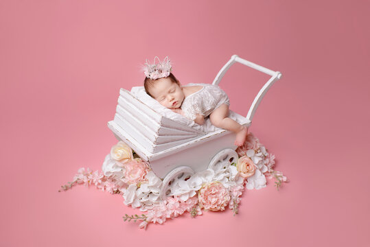 Newborn girl  on a pink background. Photoshoot for the newborn.  A portrait of a beautiful  
sleeping newborn baby girl