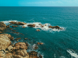 Aerial drone view of seascape in Ganh Da Dhia, Phu Yen, Vietnam. Dia Reef or Ganh Da Dhia is one of famous attraction in Phu Yen, Vietnam.