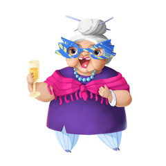 3D illustration. A funny grandmother in a festive dress with a glass of champagne. Illustrations for holiday cards, labels, gift wrapping.