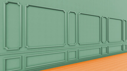 Wood in interior worked on the old classic wall of green color 3d image