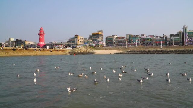 siheung-si, gyeonggi - Nov 2021 : Dating trip on a drive course in the suburbs of seoul red lighthouse in oido, siheung-si, gyeonggi-do