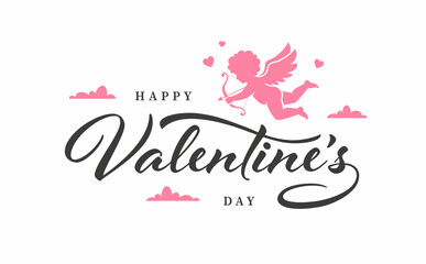 Valentine's Day greeting card design with text and cupid illustration.