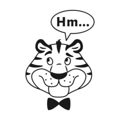 Black and white outline smiling thinking striped tiger head isolated on white. Cute funny line wild cat face. Animal thoughtful character with speech bubble vector illustration.