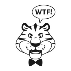 Outline black and white angry roaring tiger isolated head coloring page. Cute dissatisfied line wild cat say WTF. Animal character sketch vector illustration.