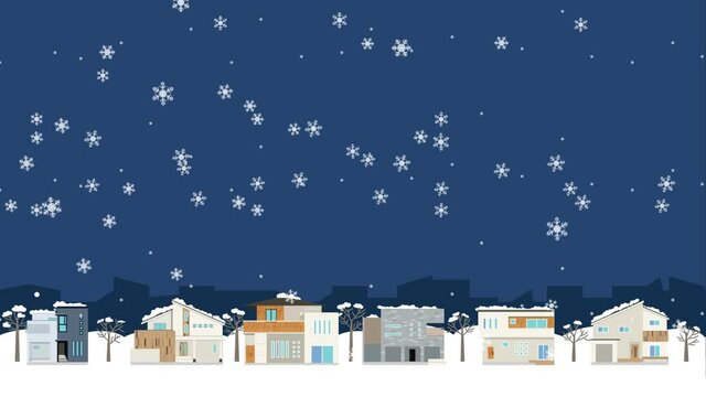 しんしんと雪の降る夜　住宅街　夜空

