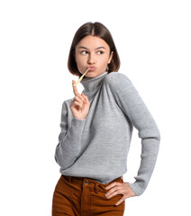 Fototapeta premium Funny young woman with chewing gum on white background