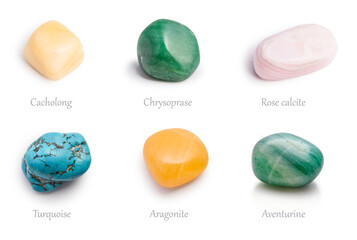 Cacholong, chrysoprase, rose calcite, aventurine, aragonite, and turquoise natural stone