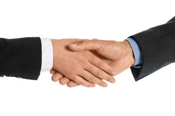 Business woman shaking man's hand on white background