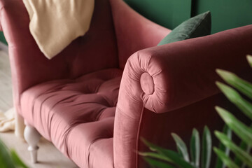 Closeup of stylish couch near green wall