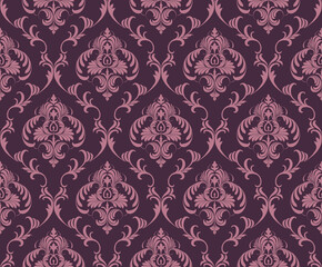 Vector seamless damask pattern with floral baroque elements. Repetitive ornament design for wallpapers, fabric, textile, upholstery, curtains, slipcover, blinds, packaging, bedding