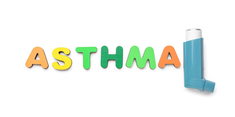 Modern inhaler and word ASTHMA on white background