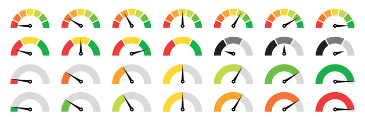 Speedometer, gauge meter icons. Vector scale, level of performance. Speed dial indicator . Green and red, low and high barometers, dashboard with arrows. Infographic of risk, gauge, score progress - obrazy, fototapety, plakaty