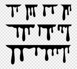 Vector dripping and melting paint, ink. Dropping liquid, flowing oil, graffiti, black chocolate on background. Splashing spray, sauce or blood. Splatter pattern texture shapes. Leaking stain of sweet