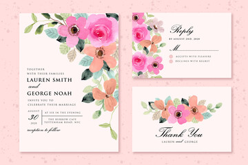 wedding invitation set with pink peach floral watercolor