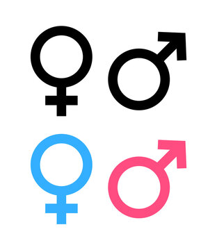Male and female gender symbols or icons. Vector sign of sex. Women and men graphic pictogram illustration. Woman and man, WC logo for toilet. Girl and boy flat logo for web. Person outline elements.