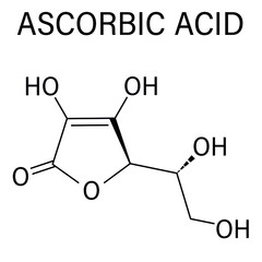 Vitamin C, ascorbic acid, ascorbate molecule. Skeletal formula. 