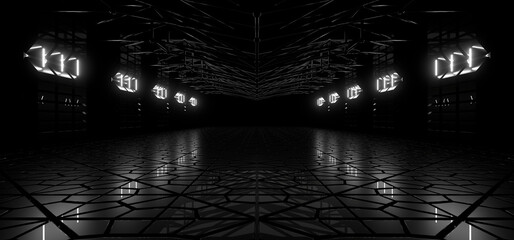A dark tunnel lit by white neon lights. Reflections on the floor and walls. 3d rendering image.