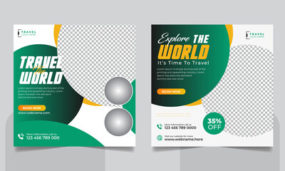 Travel tour promotion social media post or Explore world travelling business social media banner, tourism holiday square web banner template.