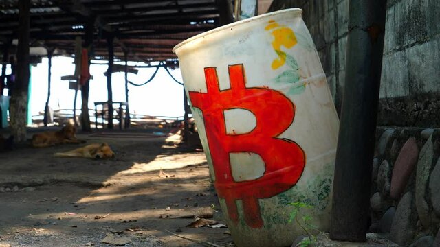 Full focus shot, a white drum with a red bitcoin logo on the side of the hut on the bitcoin beach in El Salvador, Mexico, a dog sleeping in the middle of the hut.