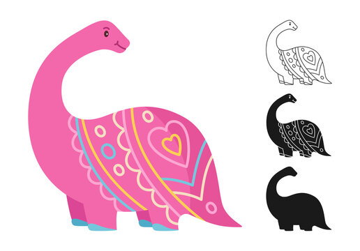 Dino prehistoric character cartoon or stamp, outline, silhouette set. Kids design animals for fabric, textile, stencil stain print. Wildlife reptile dinosaur childish illustration. Dinosaur era vector