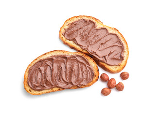 Bread with chocolate paste and hazelnuts on white background