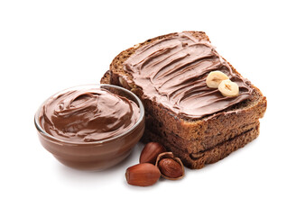 Bread with chocolate paste and hazelnuts on white background
