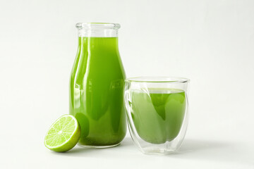 Jug and glass of green juice with lime on light background