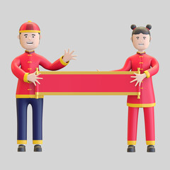 boy and girl holding hand scroll paper together celebrating chinese new year 3d render illustration