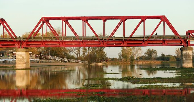 Vehicles Crossing The General Teofilo Trindade Bridge Over The Sorraia River In Coruche, Ribatejo, Portugal. wide shot
