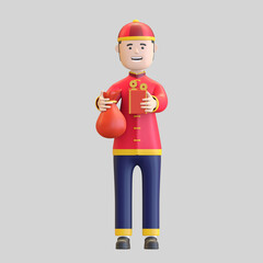 boy holding sack of money celebrating chinese new year festival 3d render illustration