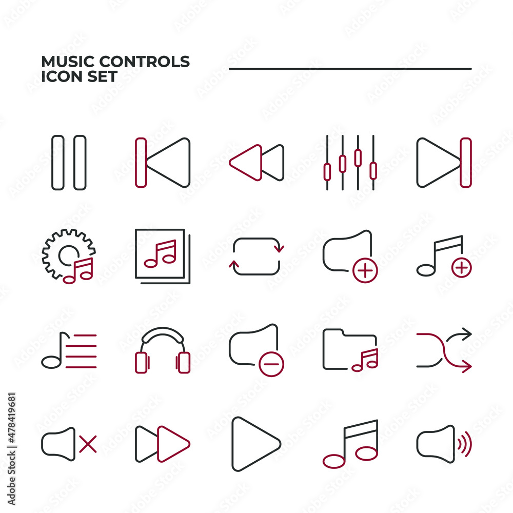 Poster simple set of music controls vector icons with editable line styles covering volume, pause, mute and