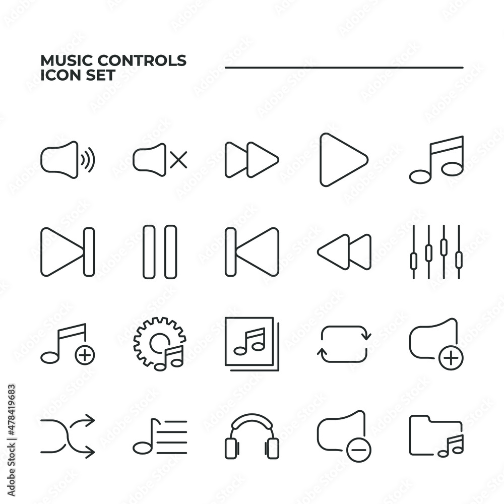 Poster simple set of music controls vector icons with editable line styles covering volume, pause, mute and