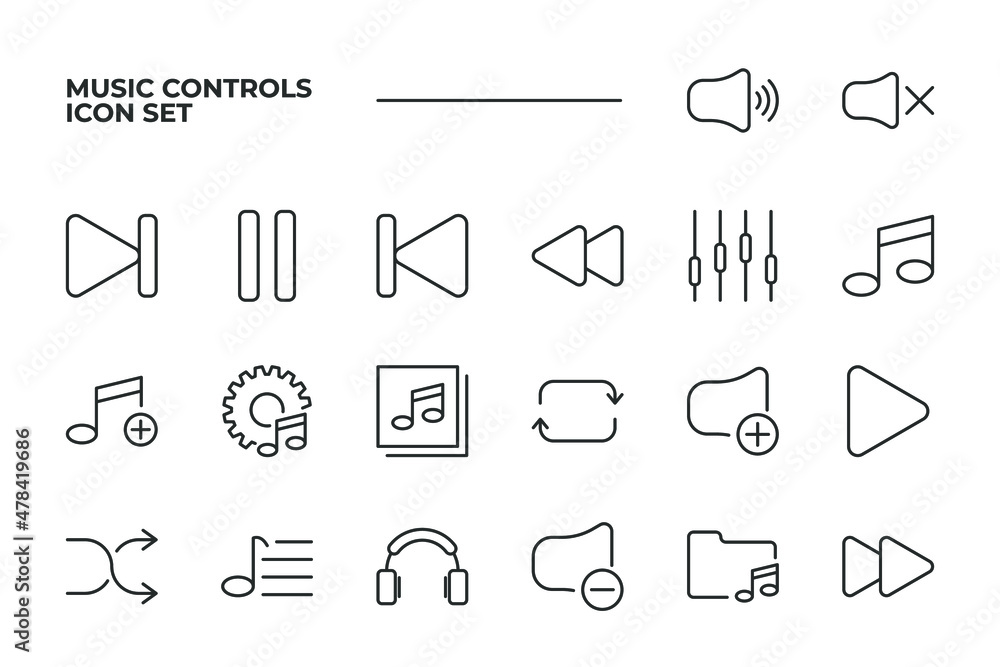Poster simple set of music controls vector icons with editable line styles covering volume, pause, mute and