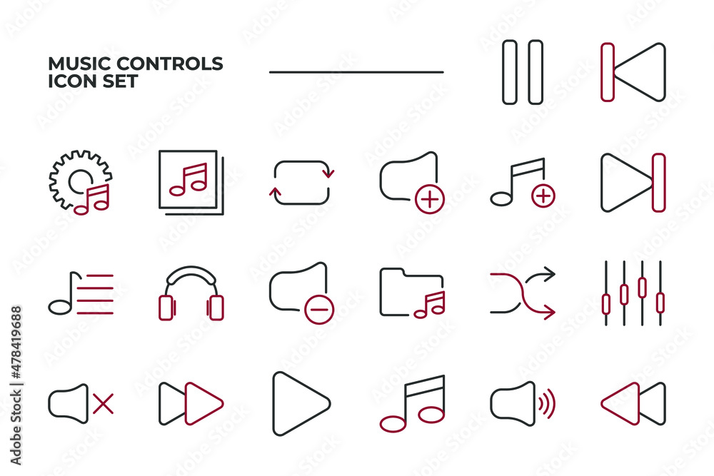 Poster simple set of music controls vector icons with editable line styles covering volume, pause, mute and