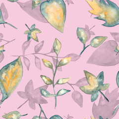 Green and yellow leaves watercolor painting - seamless pattern on pink background