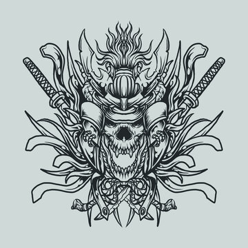 tattoo and t shirt design black and white hand drawn samurai devil engraving ornament