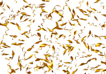Falling shiny golden confetti isolated on white background. bright festive tinsel of gold color. 3d rendering.