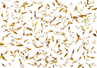 Falling shiny golden confetti isolated on white background. bright festive tinsel of gold color. 3d rendering.
