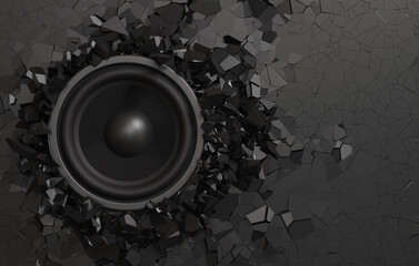 Black wall break from the sound of a loudspeaker, 3d rendering.
