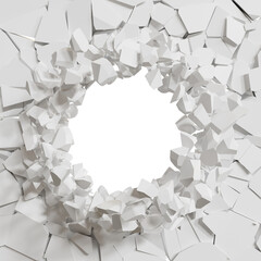 Broken white wall with a hole in the center. 3d illustration.