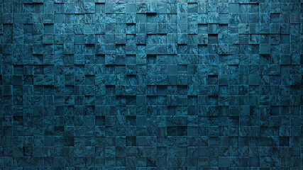 Square Tiles arranged to create a Textured wall. Blue Patina, Glazed Background formed from 3D blocks. 3D Render
