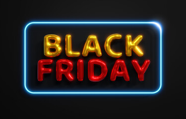 Black Friday Sale banner, logo golden and red color on dark background, promotion marketing discount event, 3d illustration.