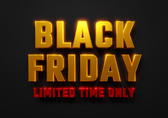 Black Friday limited time only banner, logo golden and red color on dark background, promotion marketing discount event, 3d illustration.